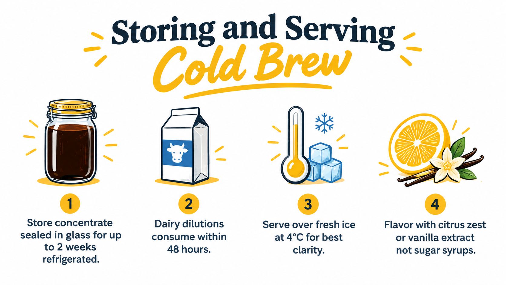 An infographic showing four essential steps for properly storing and serving homemade cold brew coffee concentrate.