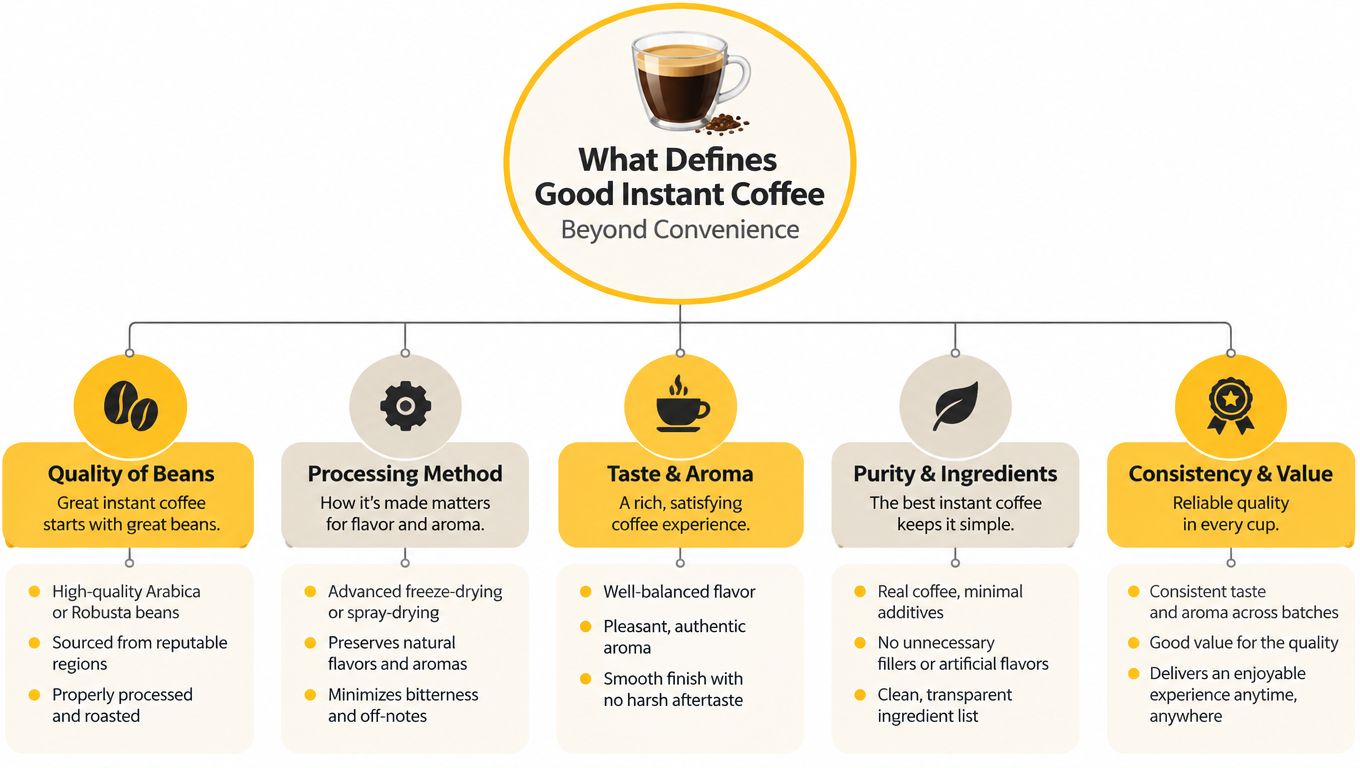 An infographic titled What Defines Good Instant Coffee highlighting quality, processing, taste, purity, and consistency.