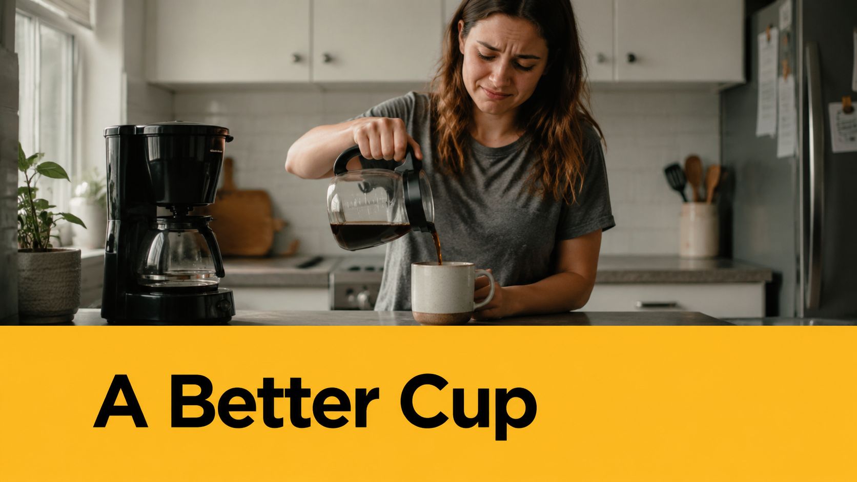A woman looks unhappy while pouring coffee from a black coffee maker into a ceramic mug.
