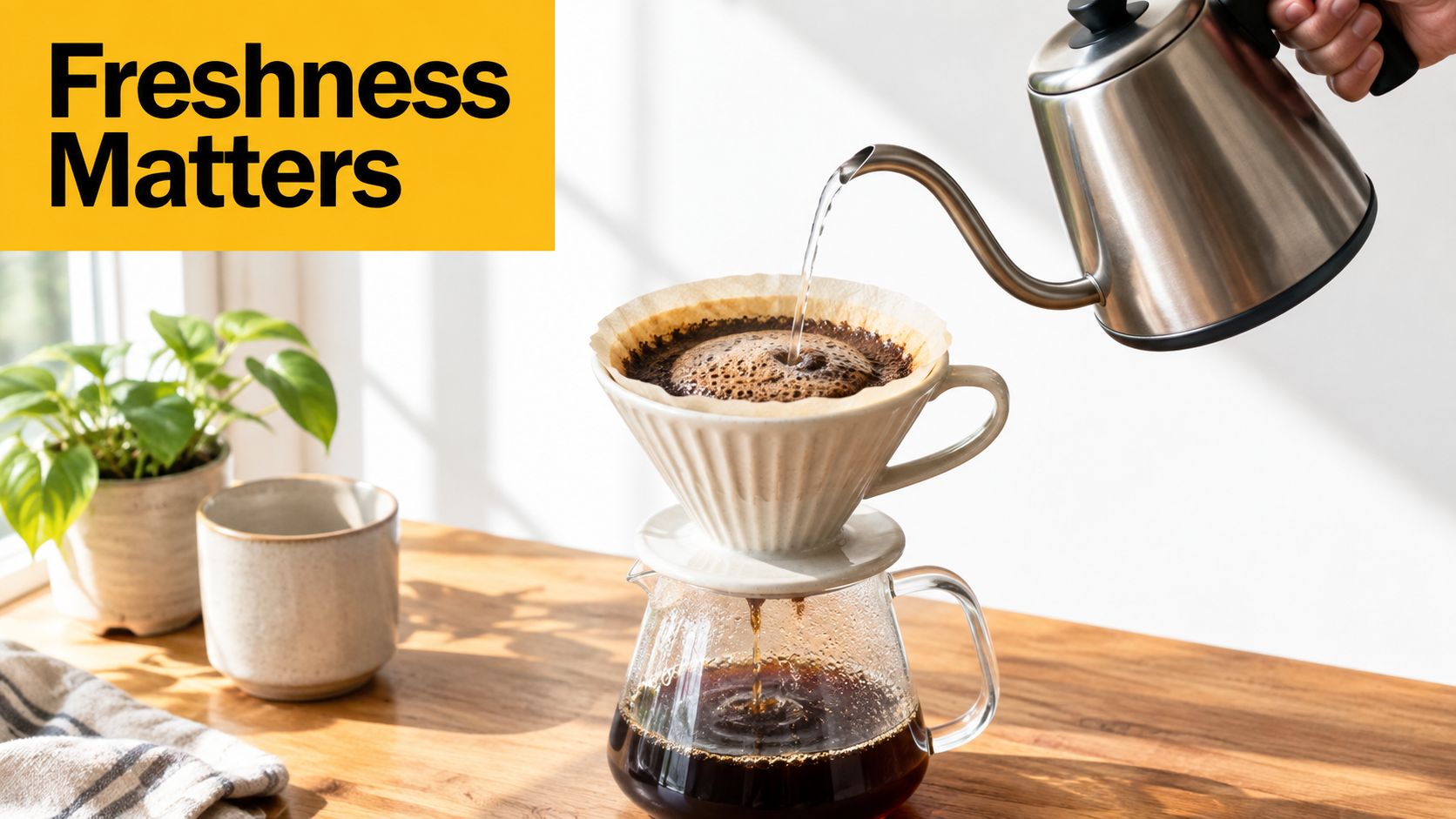A hand pouring hot water from a kettle into a pour-over coffee dripper on a wooden table.
