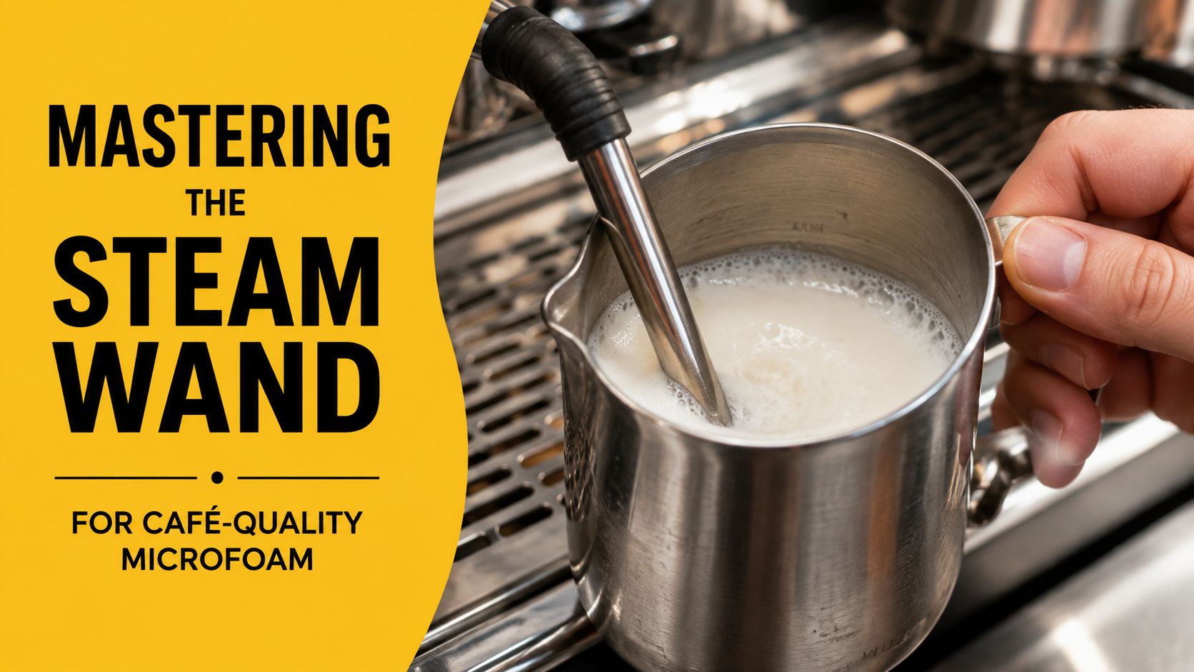 A close-up view of a metal pitcher with milk being frothed by an espresso machine steam wand.