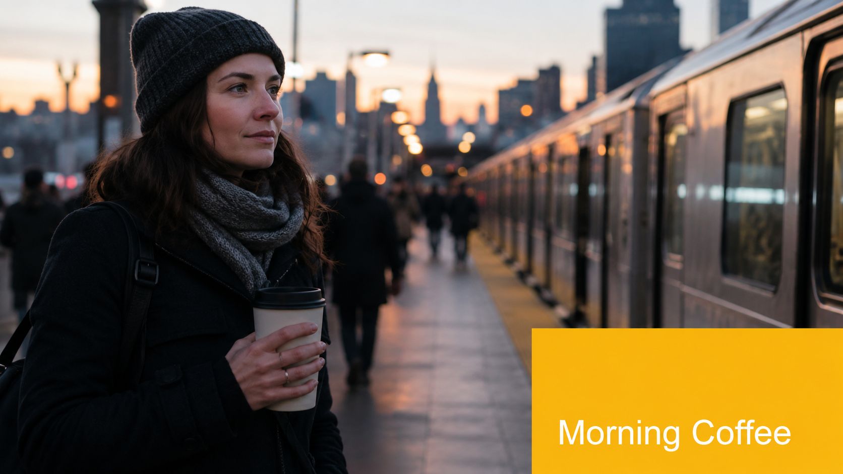A woman holding a cup of coffee while standing on a train platform at sunrise.