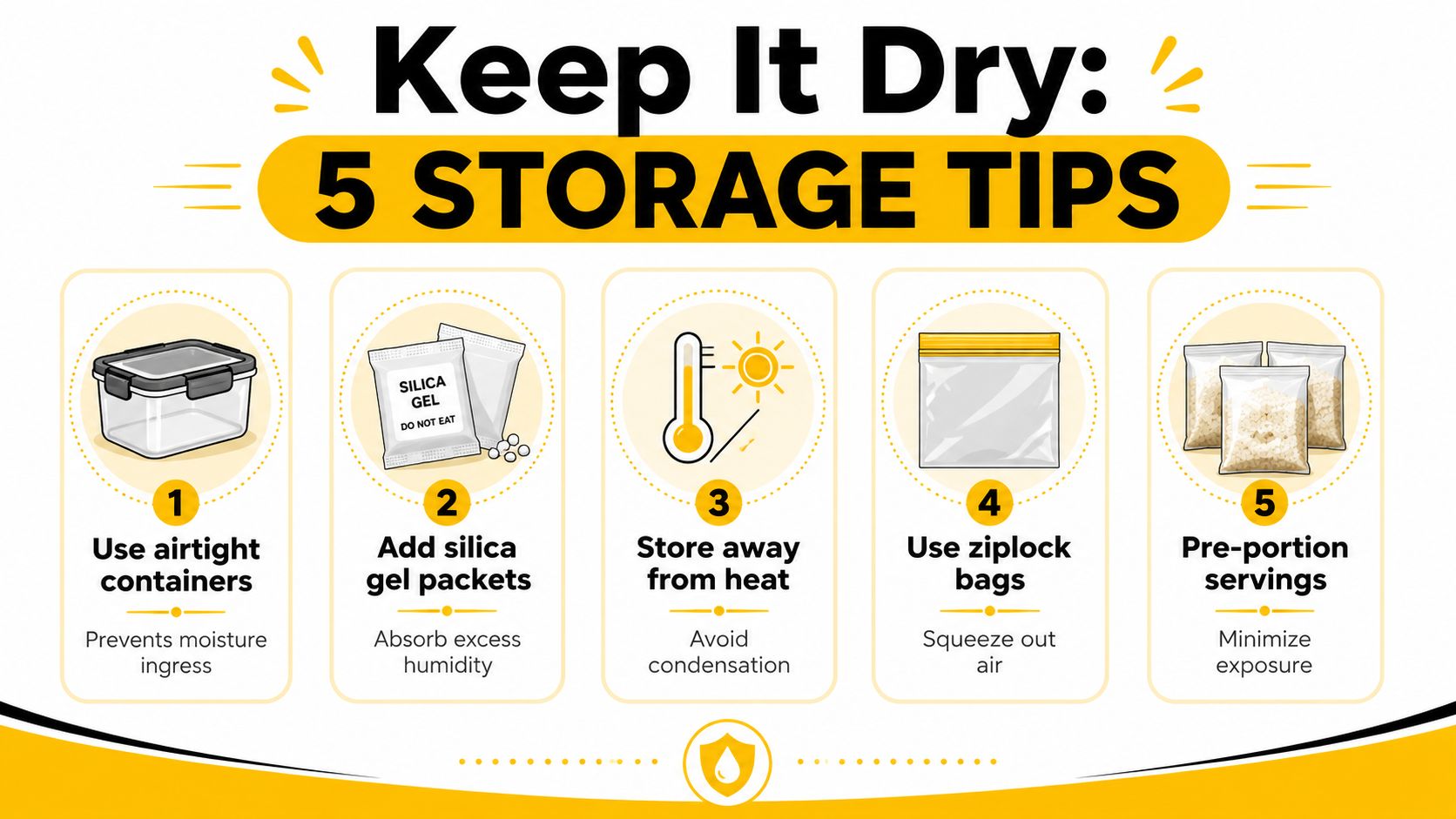 An infographic showing five essential tips for keeping food items dry, featuring storage containers and desiccants.
