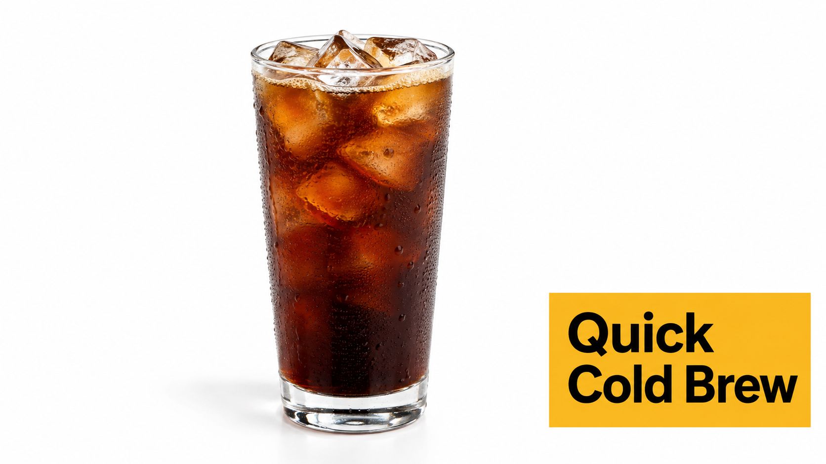 A glass of refreshing cold brew coffee filled with ice cubes, set against a plain white background.