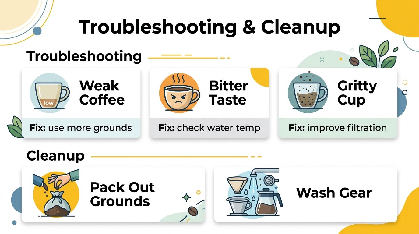 An instructional graphic about coffee troubleshooting and cleanup tips for camping, featuring helpful icons and solutions.