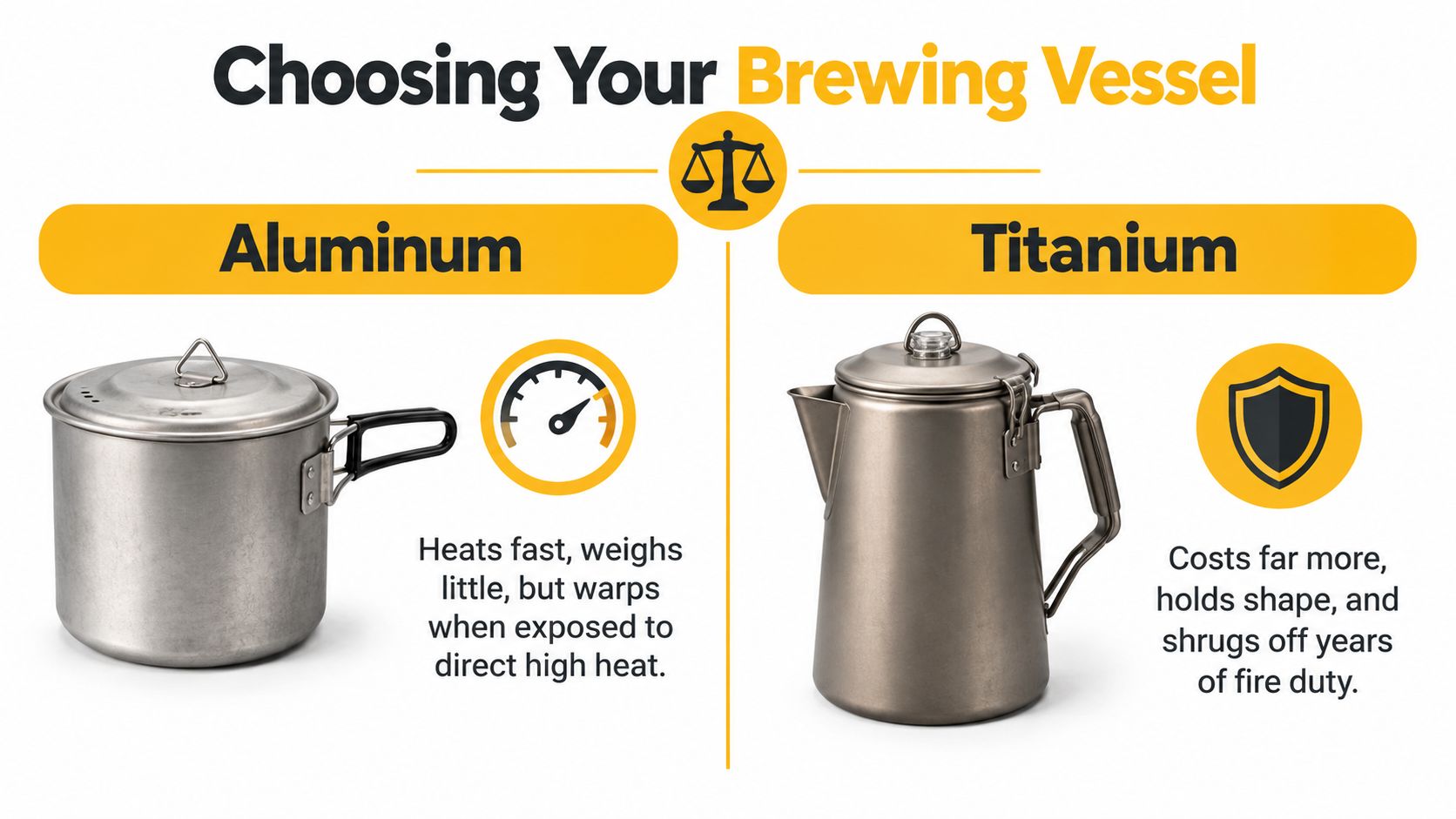 A comparison graphic between aluminum and titanium brewing pots for outdoor use and campfire cooking.