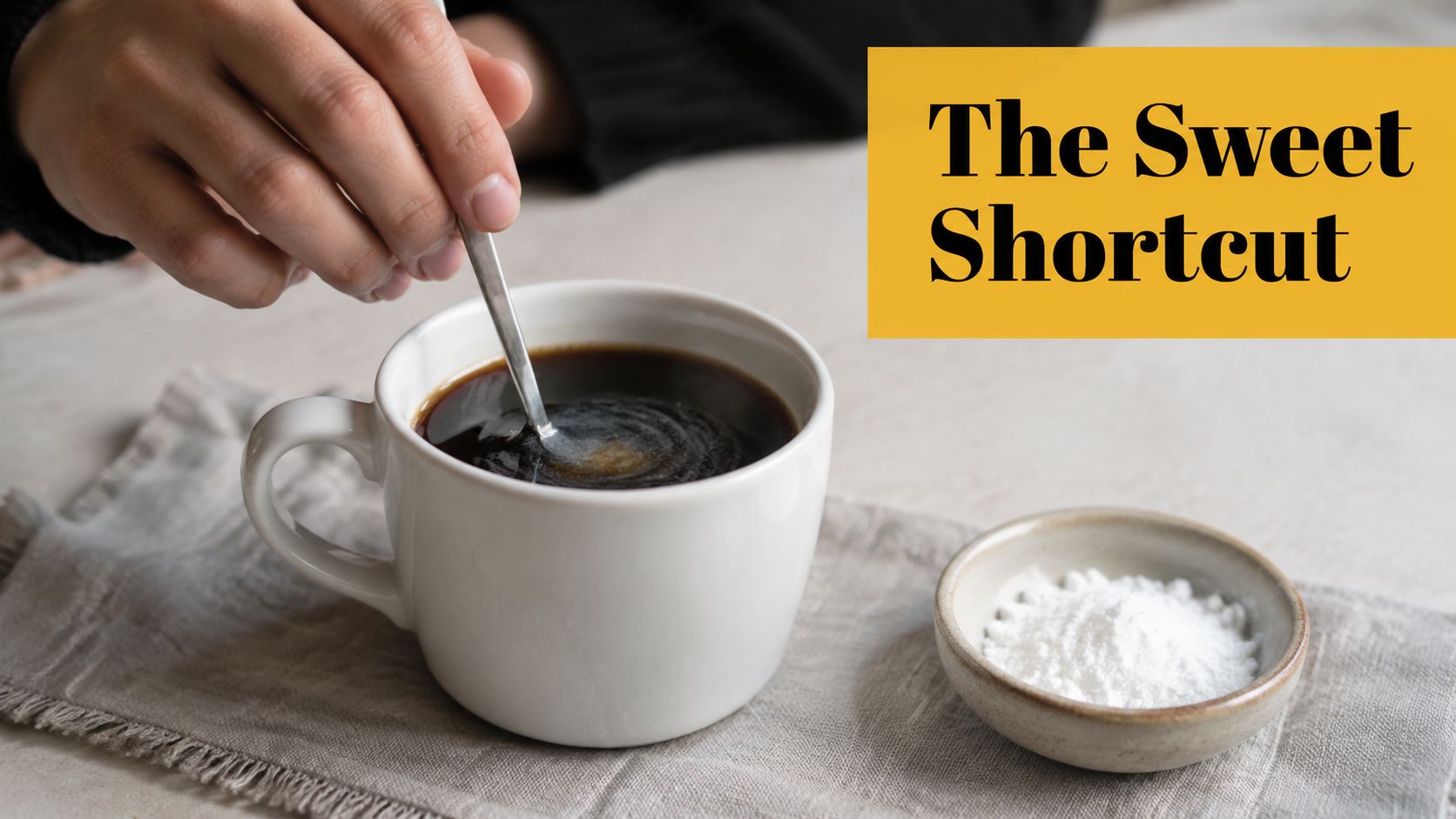 A close-up view of a person stirring powdered sugar into a white ceramic mug of black coffee.