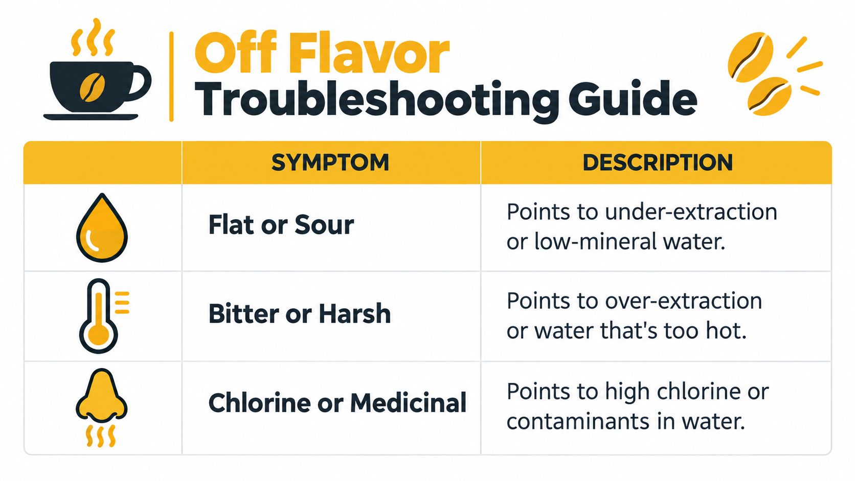A troubleshooting guide table explaining causes for flat, sour, bitter, or medicinal coffee off-flavors related to water.