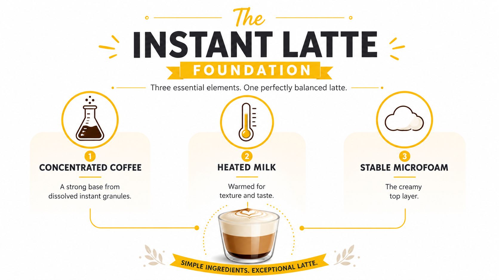 An infographic detailing the three essential components of an instant latte: concentrated coffee, heated milk, and microfoam.