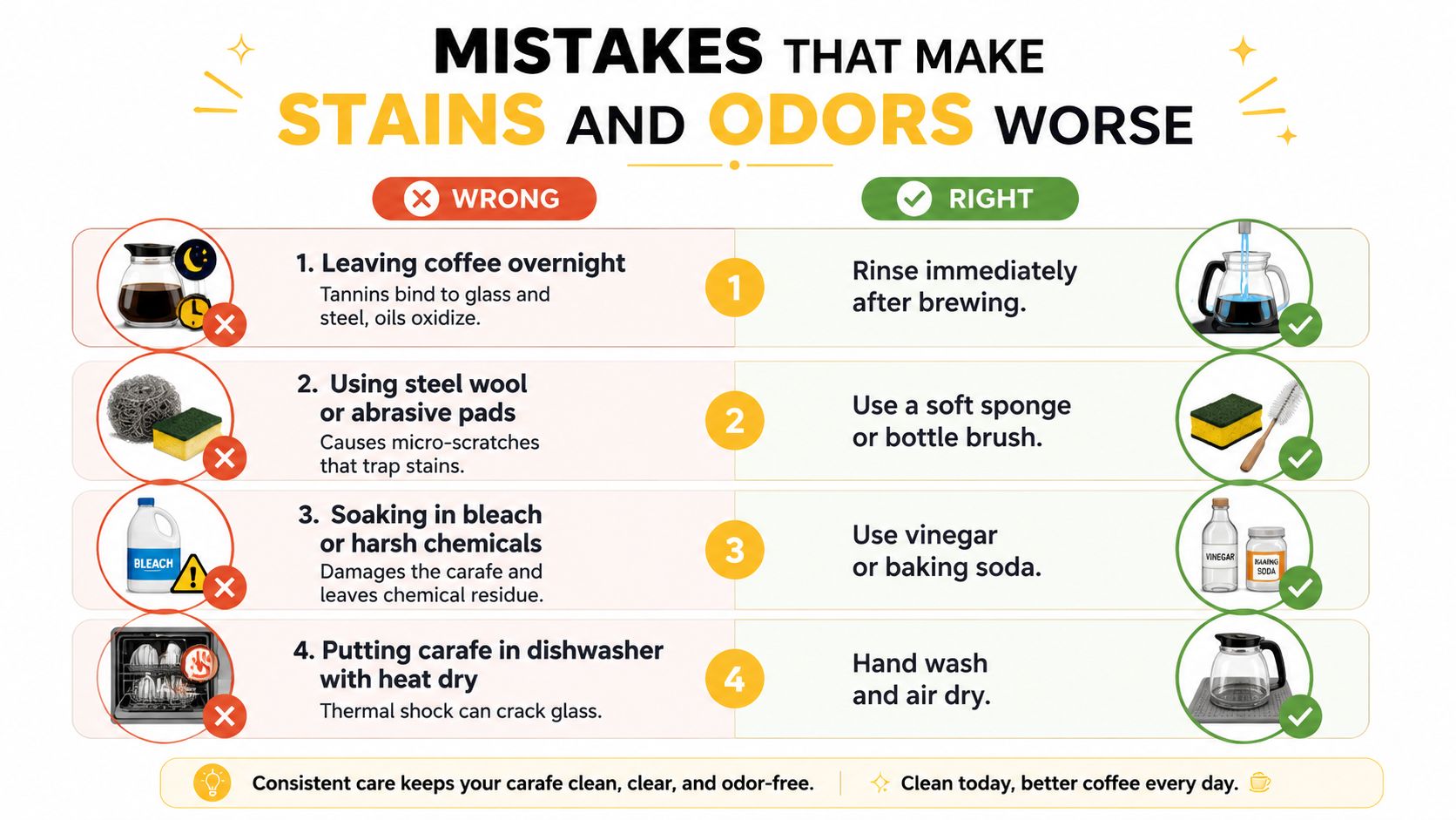 A helpful infographic comparing wrong and right methods for cleaning a glass coffee carafe to prevent stains.