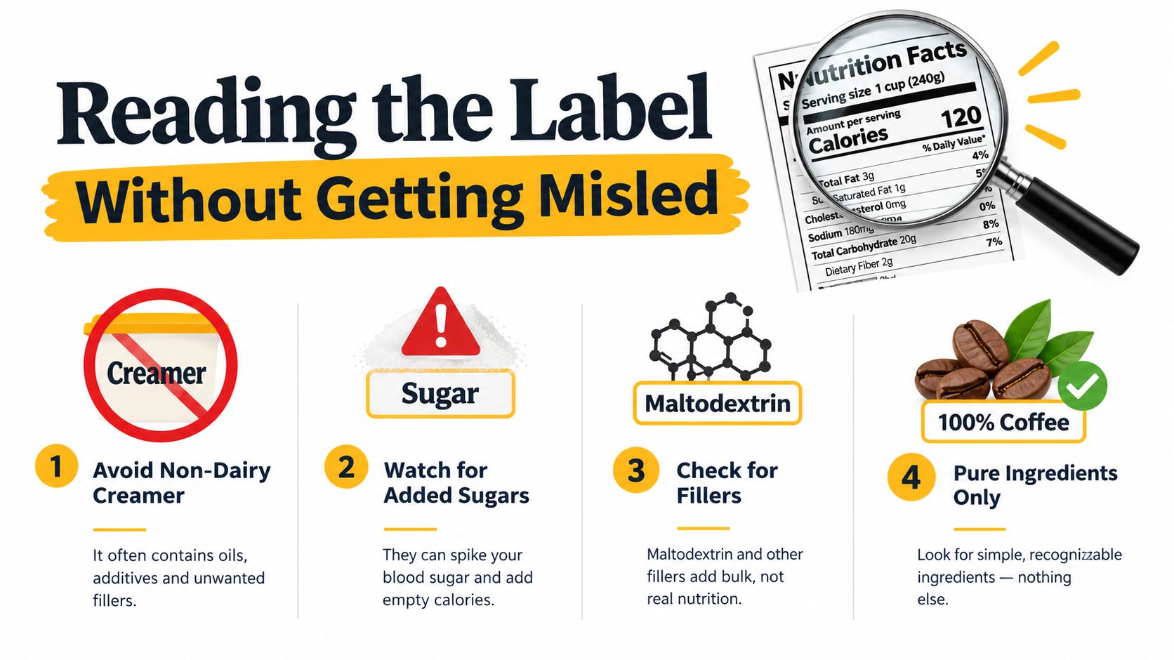 An infographic showing tips for reading nutrition labels to identify healthy coffee ingredients versus harmful additives.