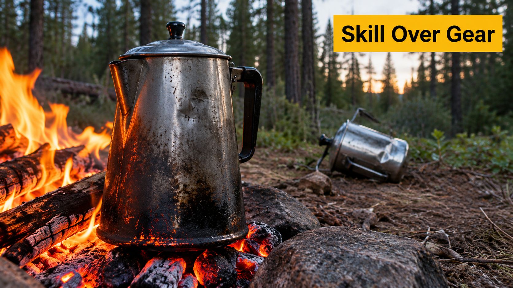 A rustic metal coffee pot heating over a crackling campfire in a scenic forest setting.