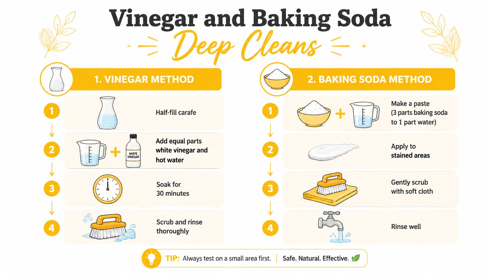 An infographic showing two effective methods for cleaning a coffee carafe using vinegar or baking soda.