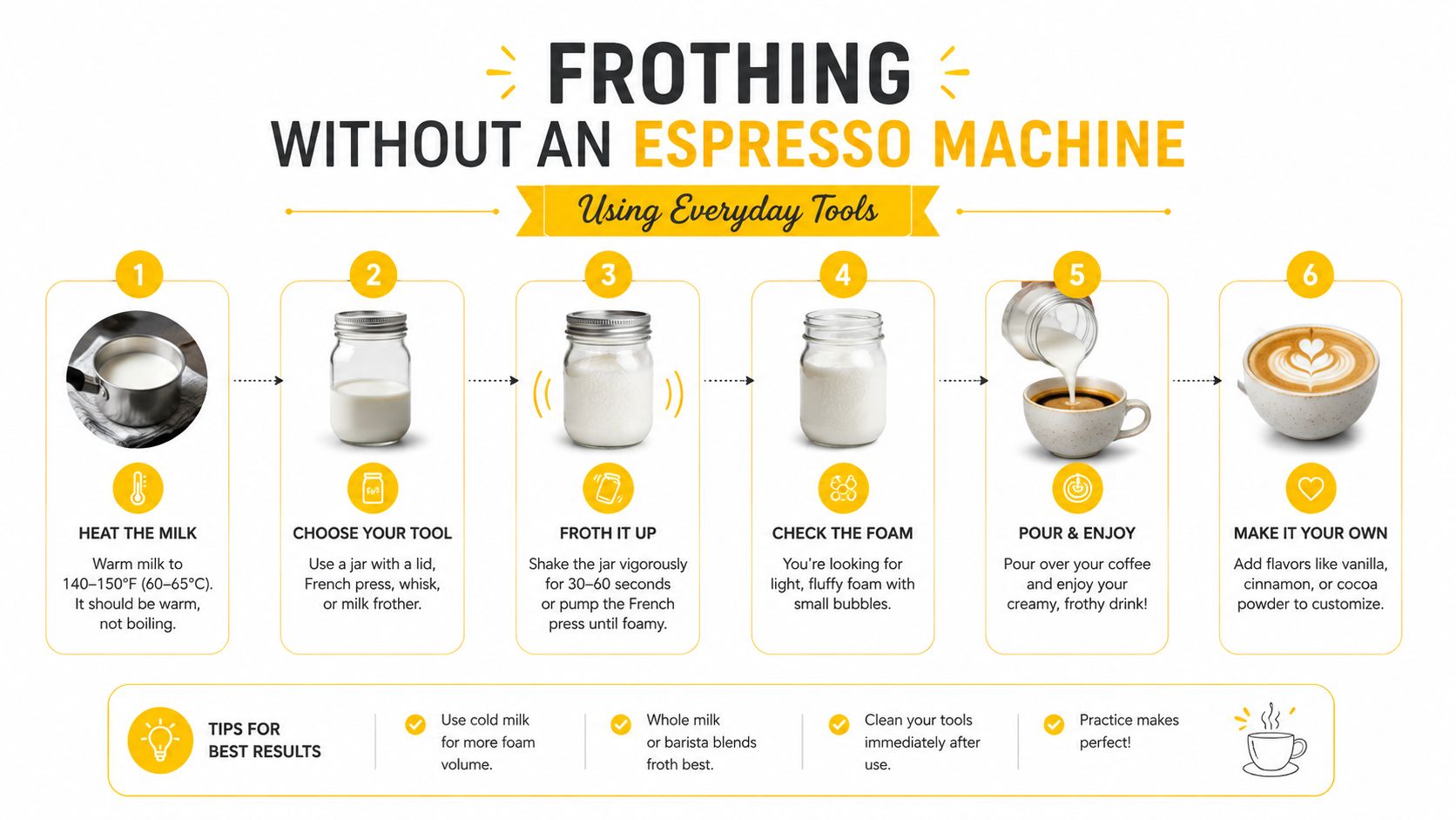 An infographic showing six simple steps to froth milk for coffee using common kitchen tools like jars.