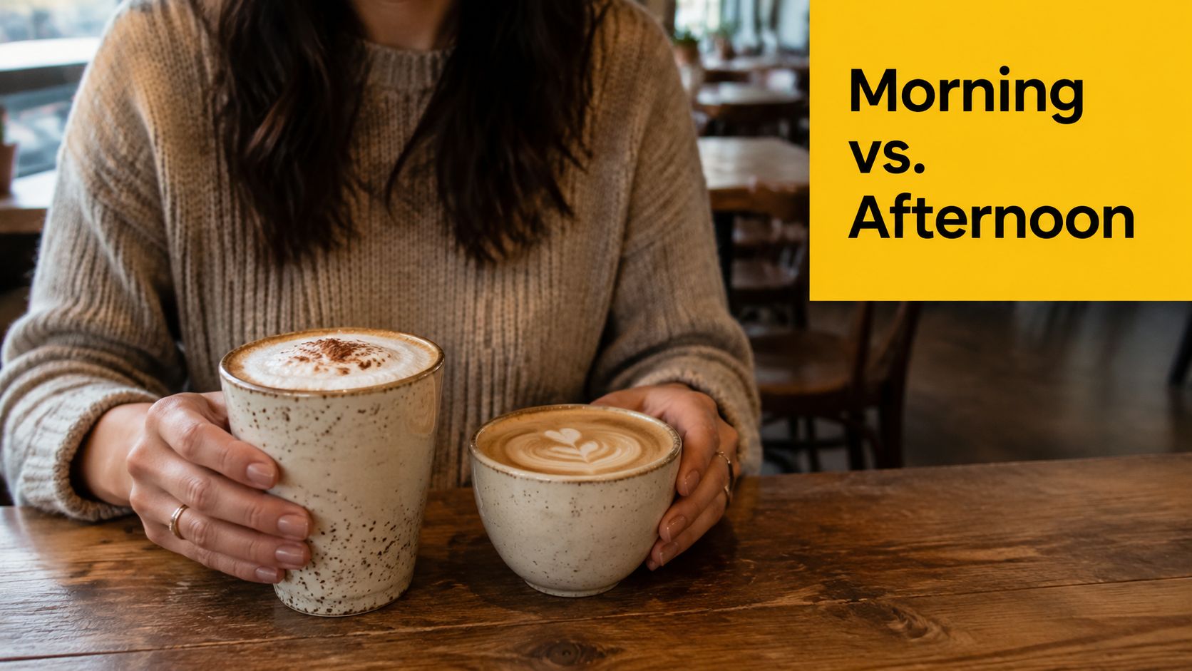 A person holding a large cappuccino and a smaller flat white coffee at a wooden table.