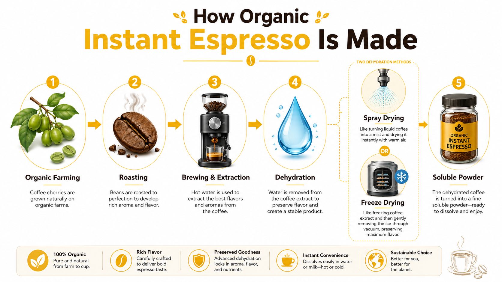An infographic showing the five-step process of producing organic instant espresso, from farming to final packaging.