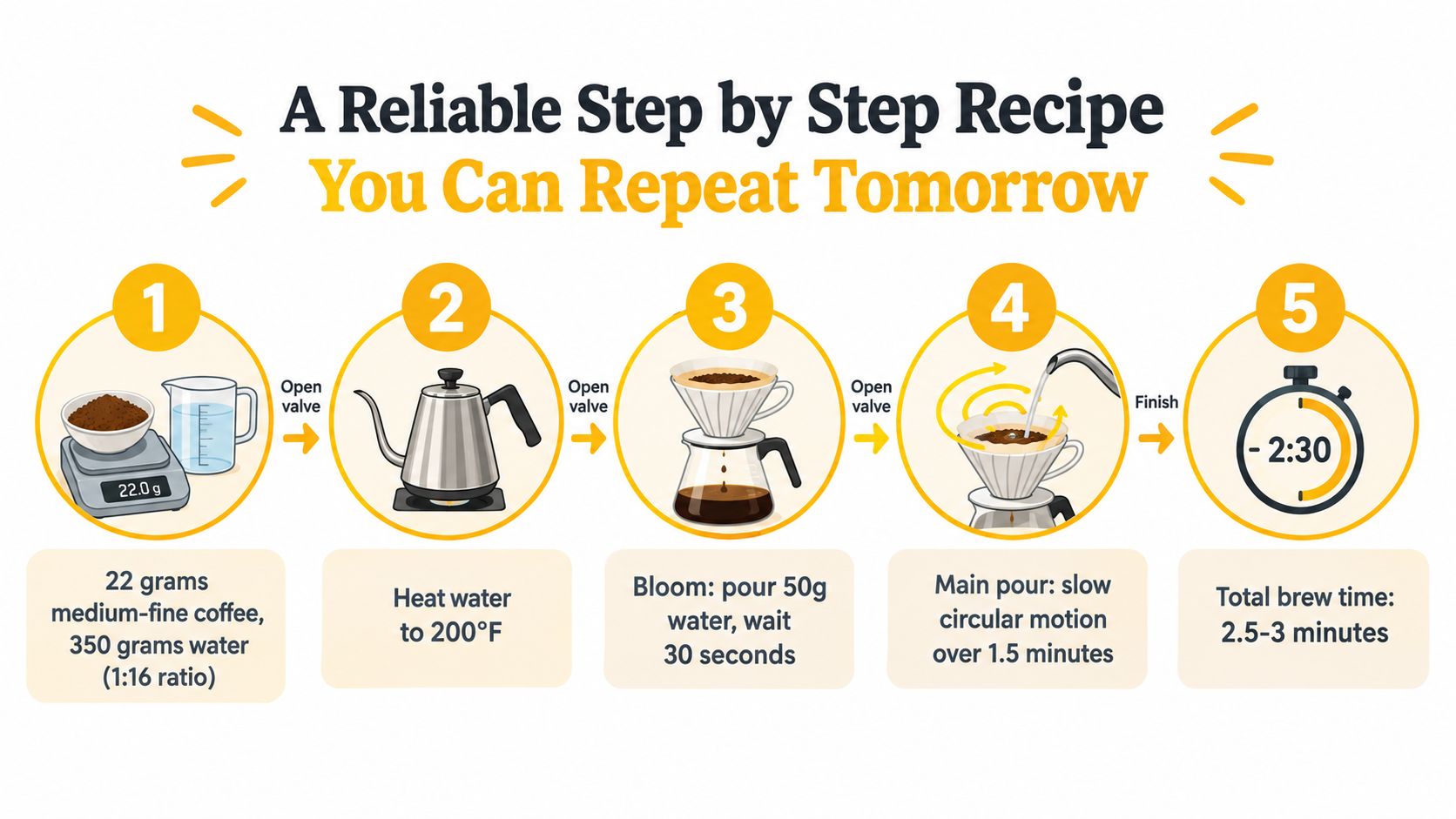 A five step illustrated infographic showing how to brew the perfect cup of pour over coffee.