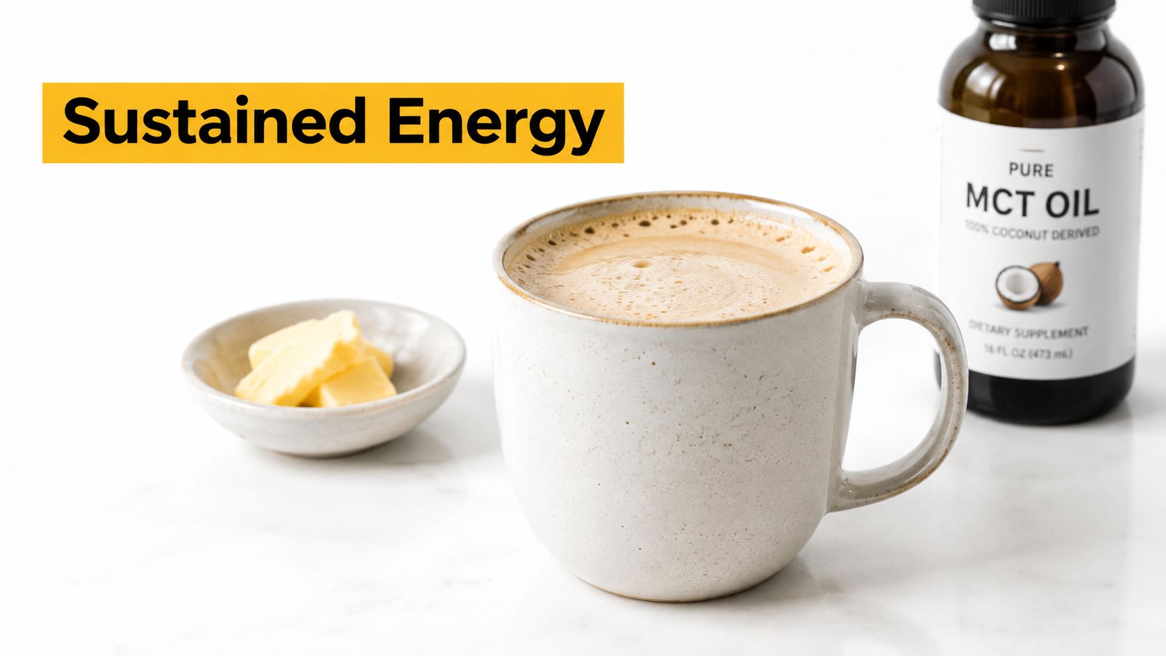 A cup of creamy coffee with butter and a bottle of pure MCT oil for energy.