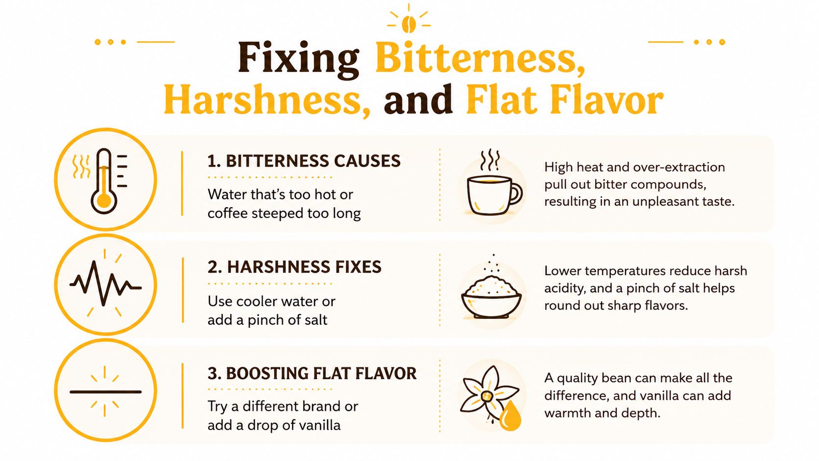 An infographic titled Fixing Bitterness, Harshness, and Flat Flavor offering tips to improve coffee brewing results.