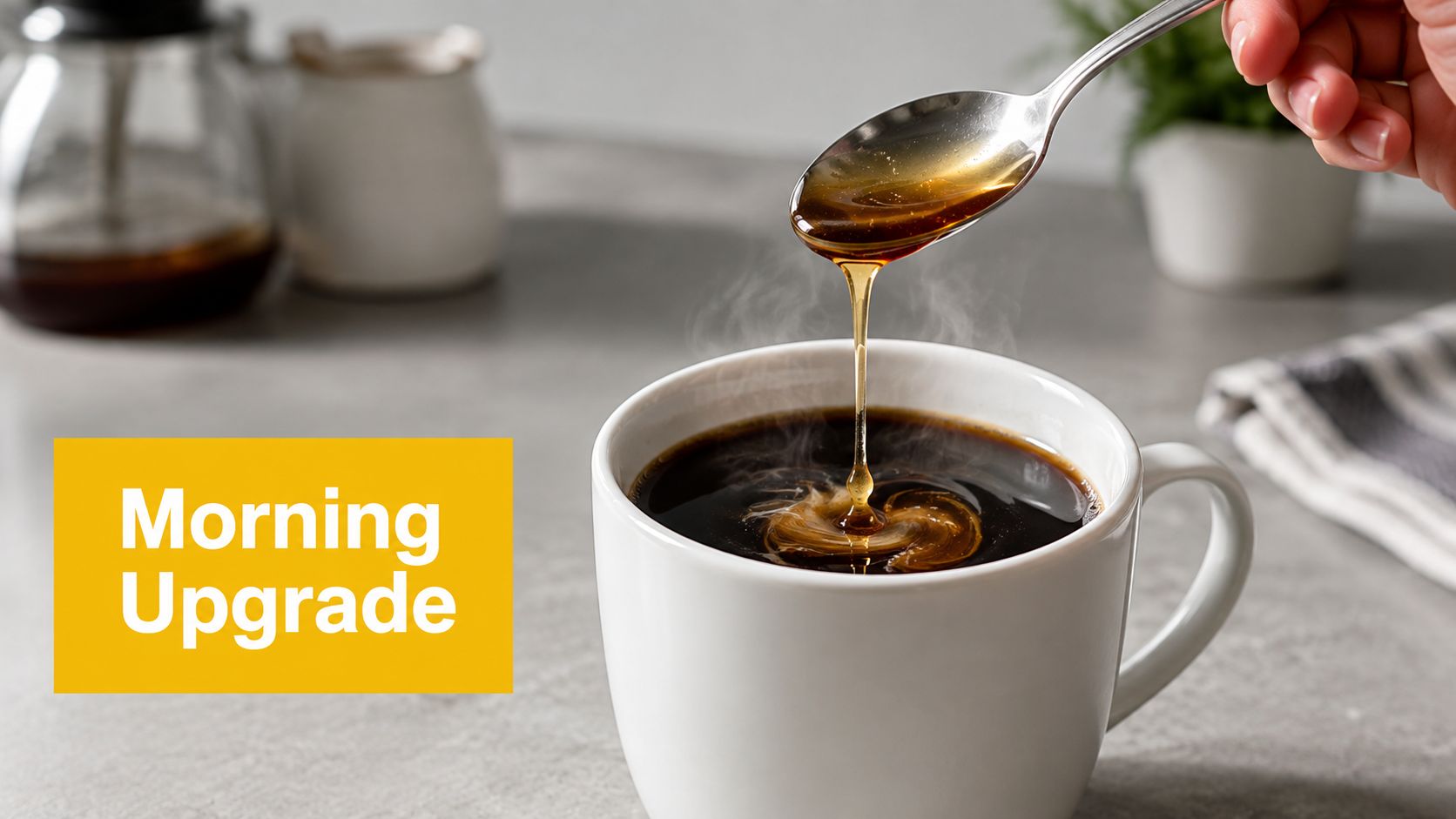A hand pours syrup from a metal spoon into a hot cup of black coffee.