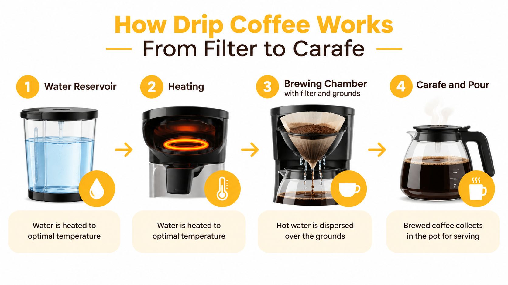 A four-step infographic explaining how a drip coffee machine works from water reservoir to the final carafe.