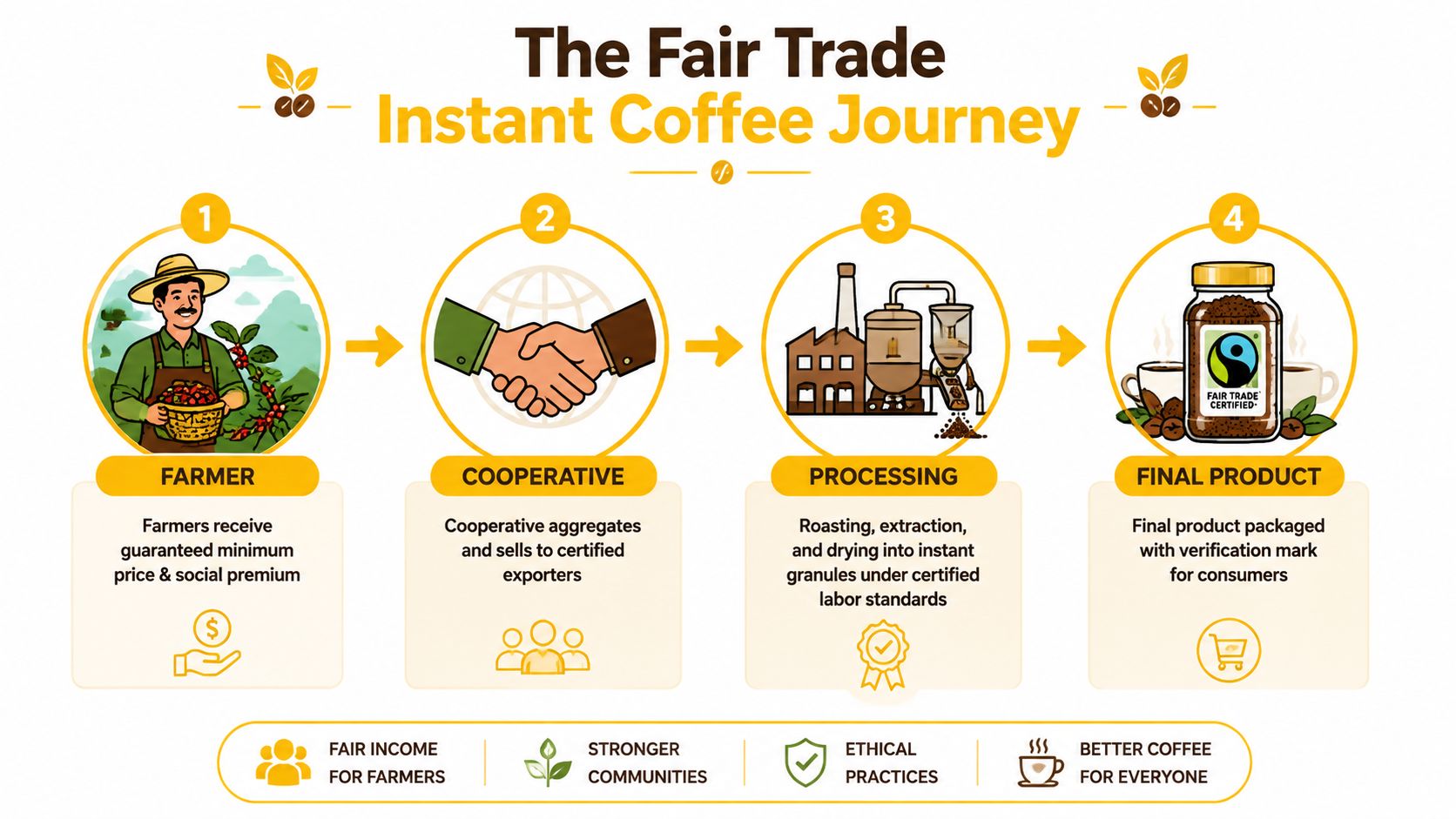 An infographic illustrating the Fair Trade instant coffee supply chain journey from farmers to the final product.