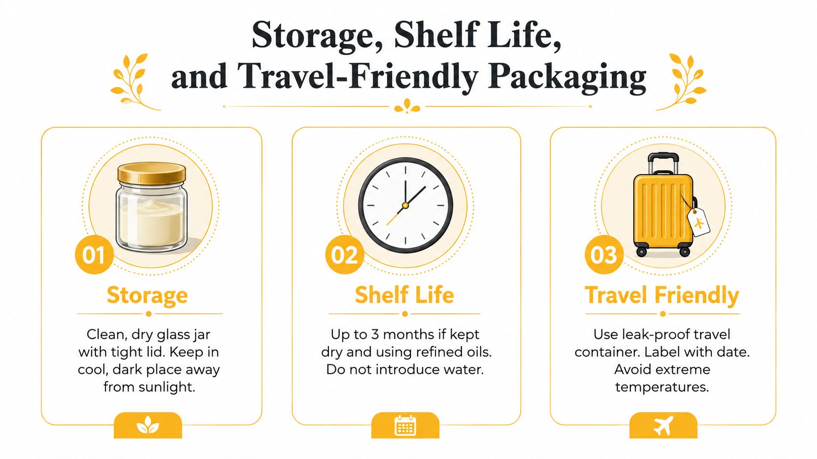 An infographic detailing storage instructions, shelf life, and travel tips for a homemade beauty product.