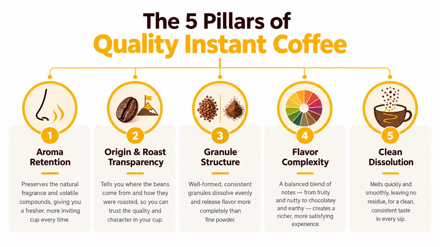 An infographic titled The 5 Pillars of Quality Instant Coffee illustrating criteria for high-quality instant coffee products.