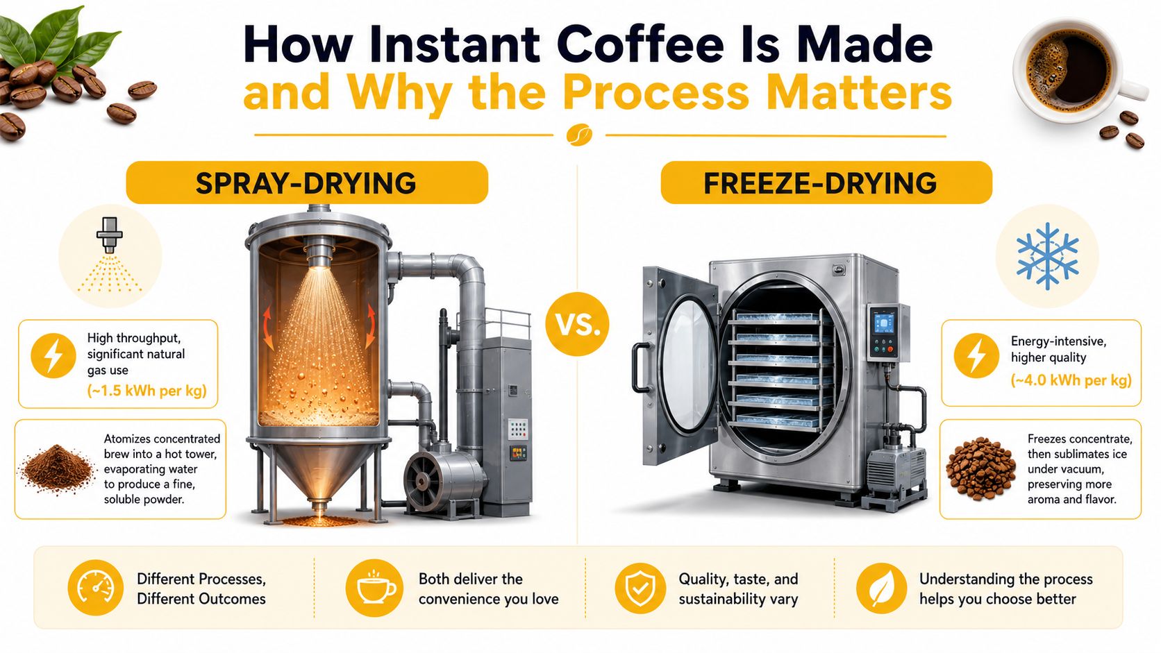 A comparison infographic showing the spray-drying and freeze-drying methods used for manufacturing instant coffee.