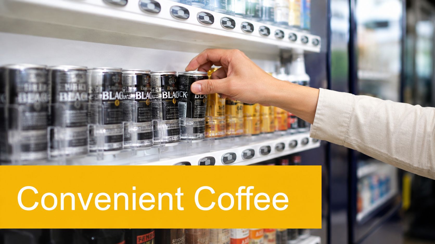 A hand reaching into a vending machine shelf to grab a canned black coffee beverage.