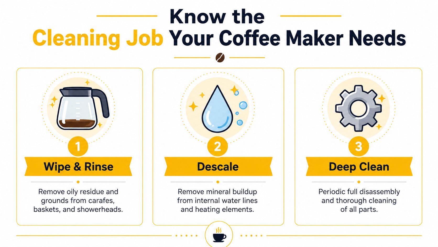 An infographic titled Know the Cleaning Job Your Coffee Maker Needs showing three steps: Wipe and Rinse, Descale, and Deep Clean.