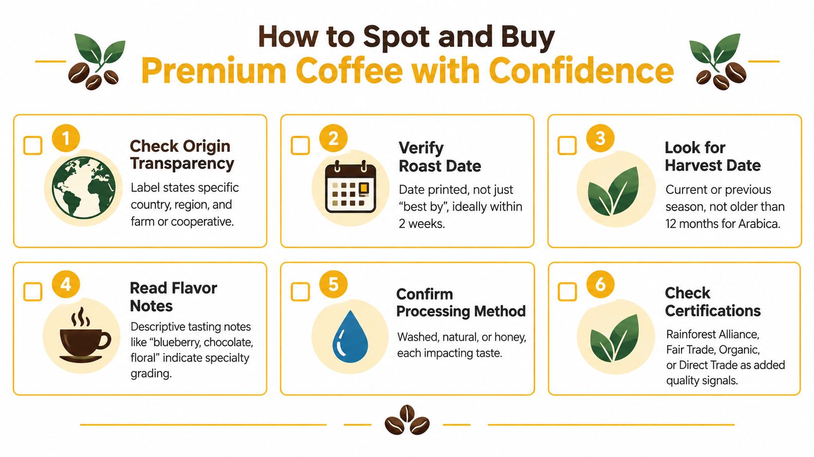 An infographic detailing six essential steps to identify and purchase high-quality premium coffee with complete confidence.