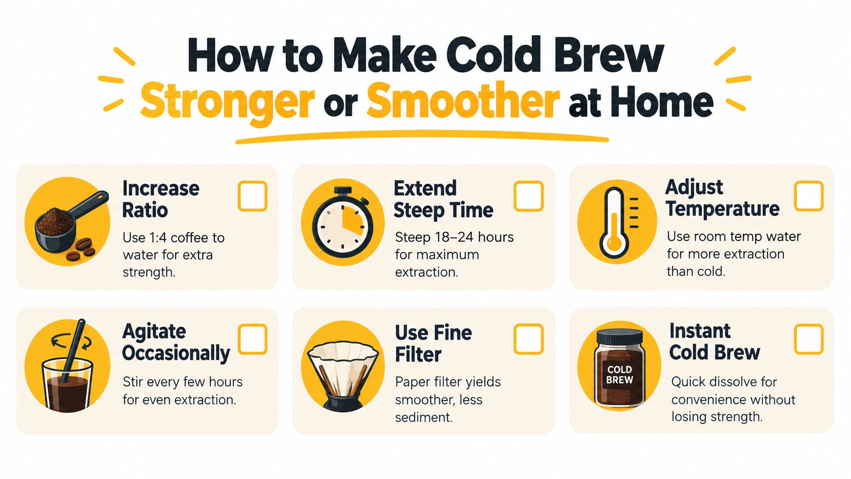 An infographic titled How to Make Cold Brew Stronger or Smoother at Home with six actionable tips.