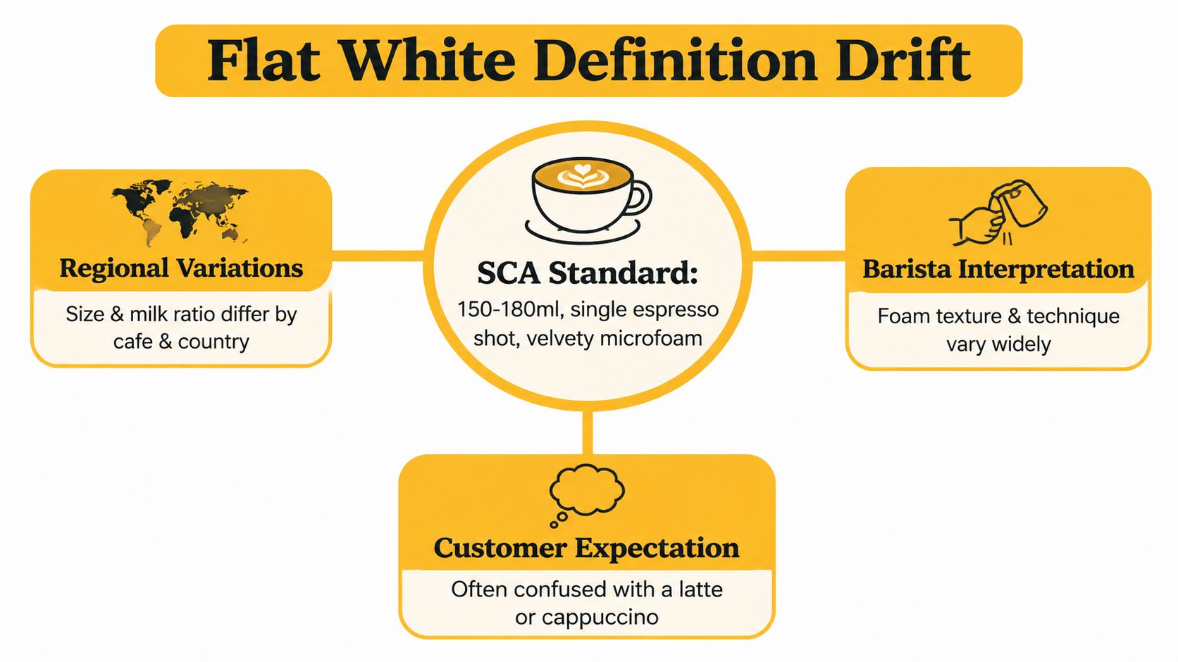 An infographic titled Flat White Definition Drift explaining how regional differences and interpretations affect coffee standards.