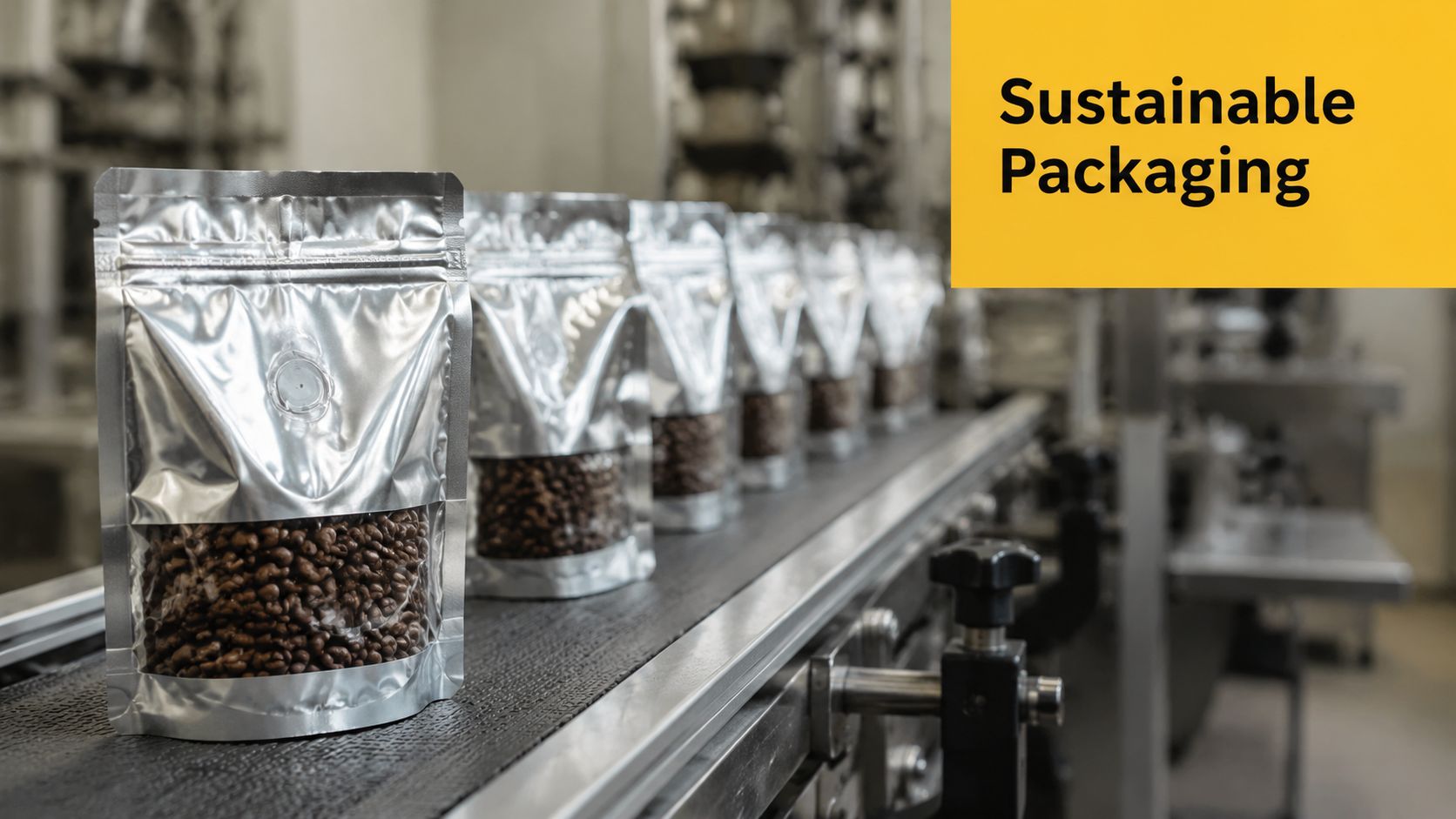 Silver pouches filled with coffee beans moving along an industrial conveyor belt during the production process.