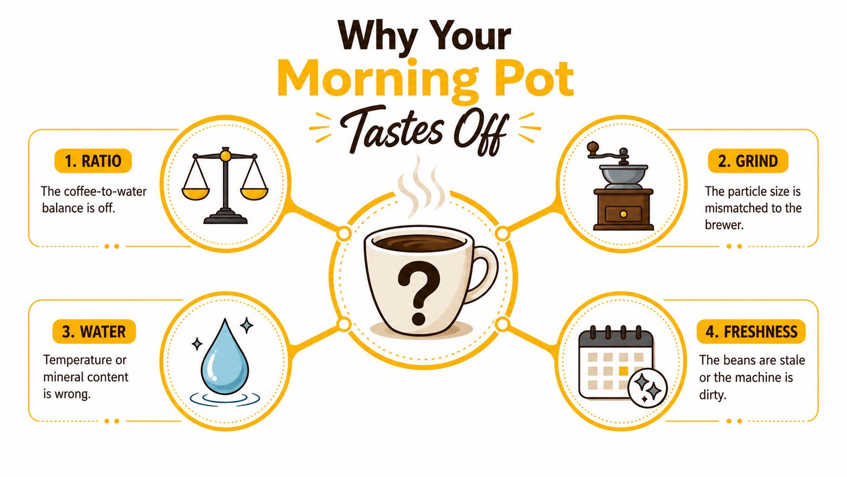 An infographic titled Why Your Morning Pot Tastes Off, showing four common reasons for poor coffee quality.
