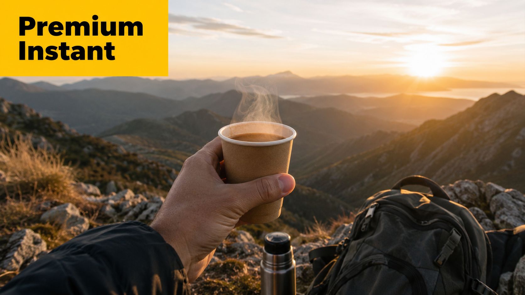 A person holds a steaming cup of coffee while overlooking a scenic mountain view at sunrise.