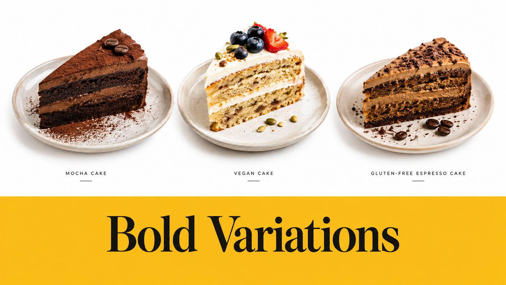 Three slices of different gourmet cakes including mocha, vegan, and gluten-free espresso served on small white plates.