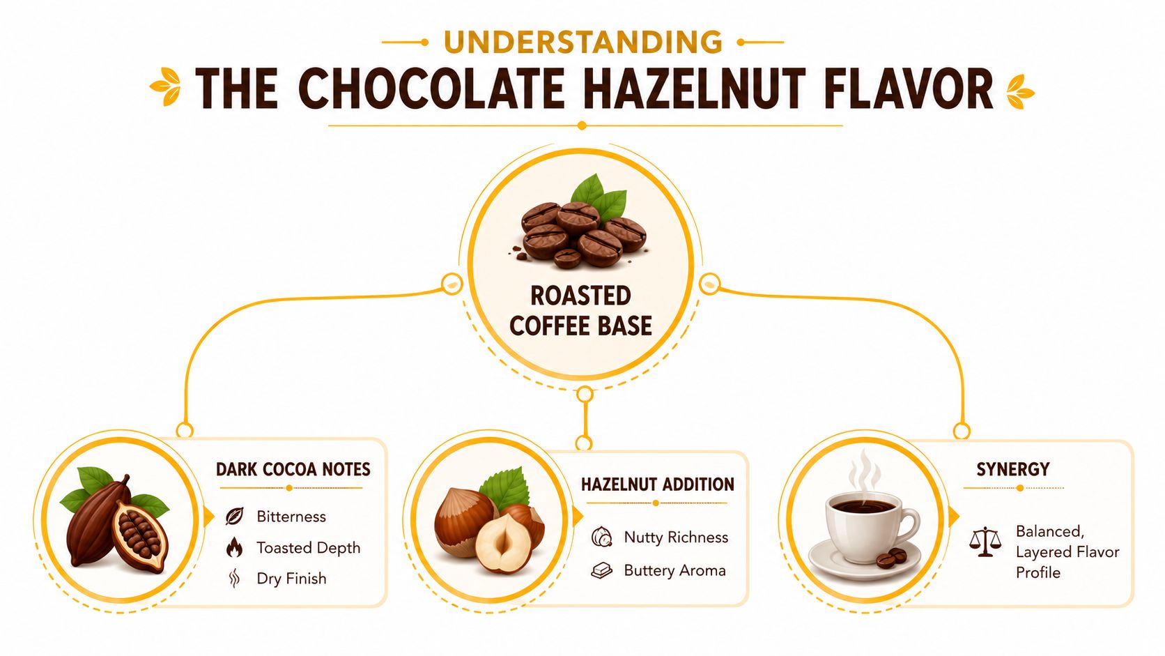 An infographic detailing the flavor profile of chocolate hazelnut coffee, highlighting cocoa, hazelnut, and synergy components.