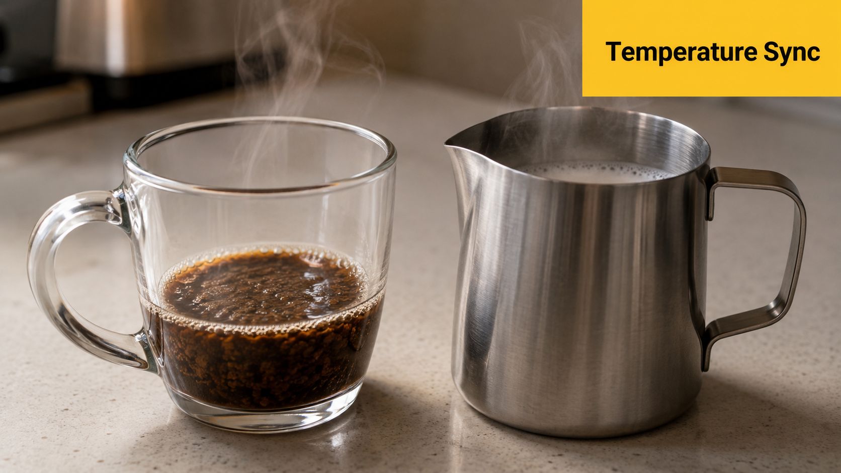 A glass mug of hot instant coffee next to a stainless steel pitcher of steamed milk