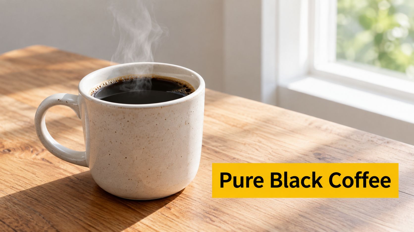 A steaming mug of fresh black coffee sits on a rustic wooden table by a window.