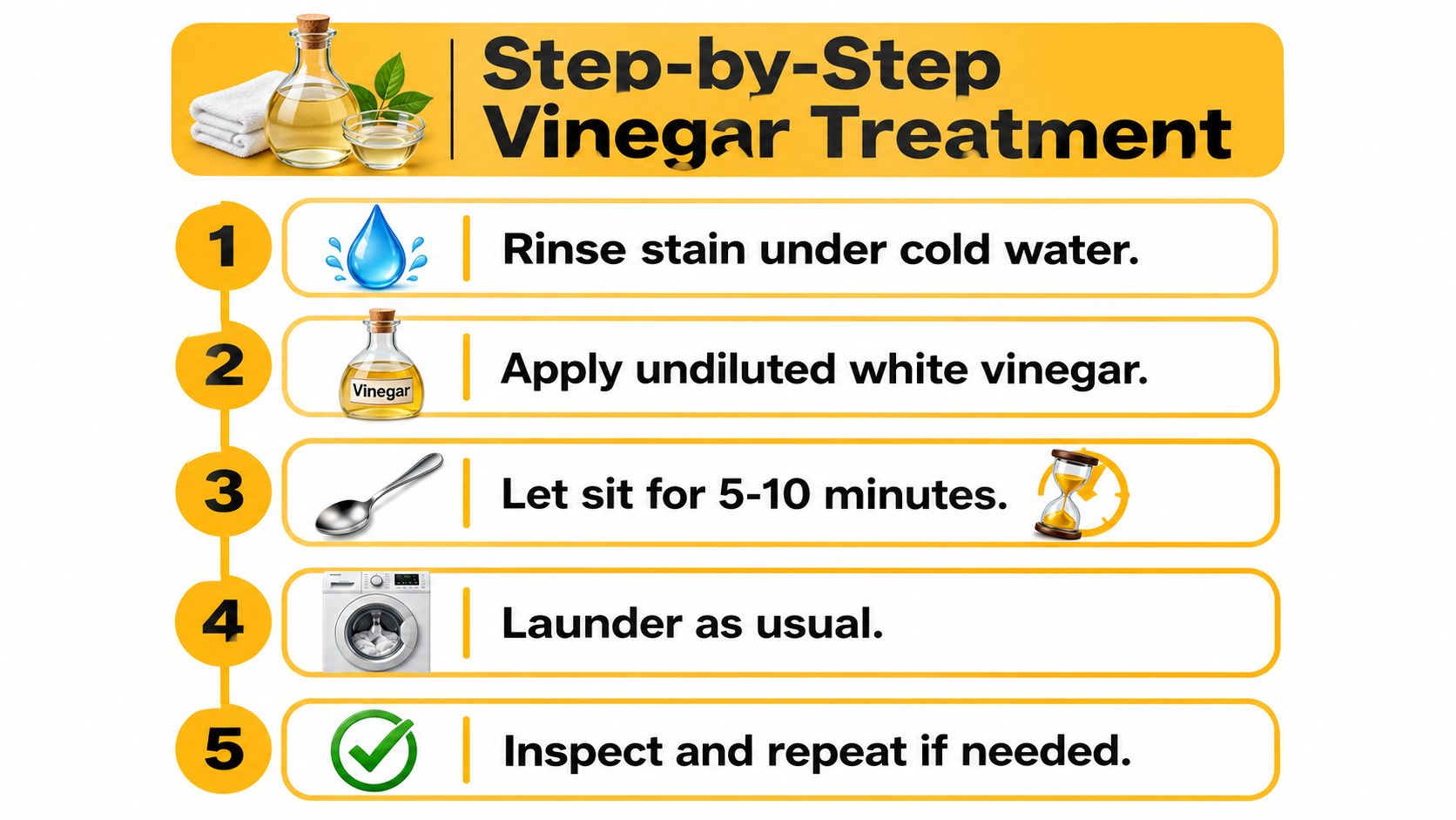 A five-step guide on how to remove a stain using white vinegar and laundry steps.