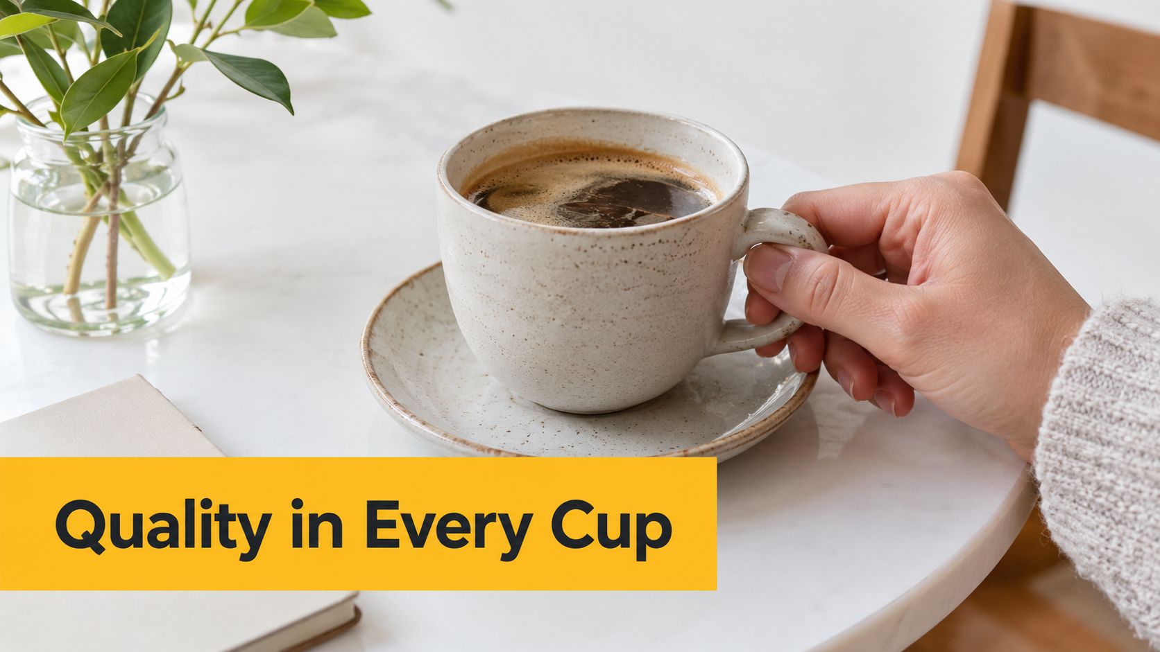 A close up shot of a hand holding a ceramic cup of coffee on a marble table.