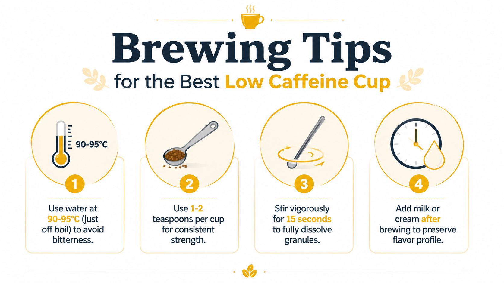 An infographic showing four simple steps to prepare a great cup of low caffeine instant coffee.