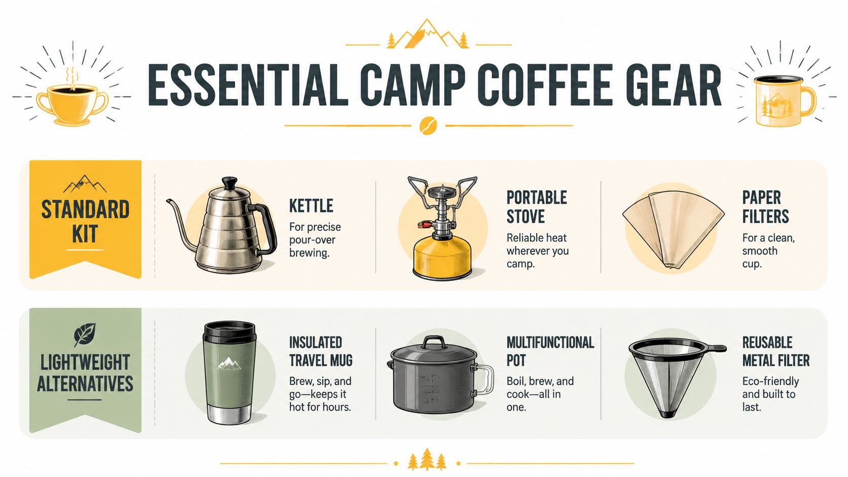 A graphic illustration detailing essential camping coffee equipment, including kettles, stoves, filters, travel mugs, and pots.