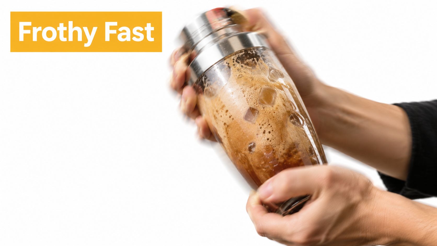 A person shaking a cocktail shaker filled with iced coffee to create a quick frothy texture.