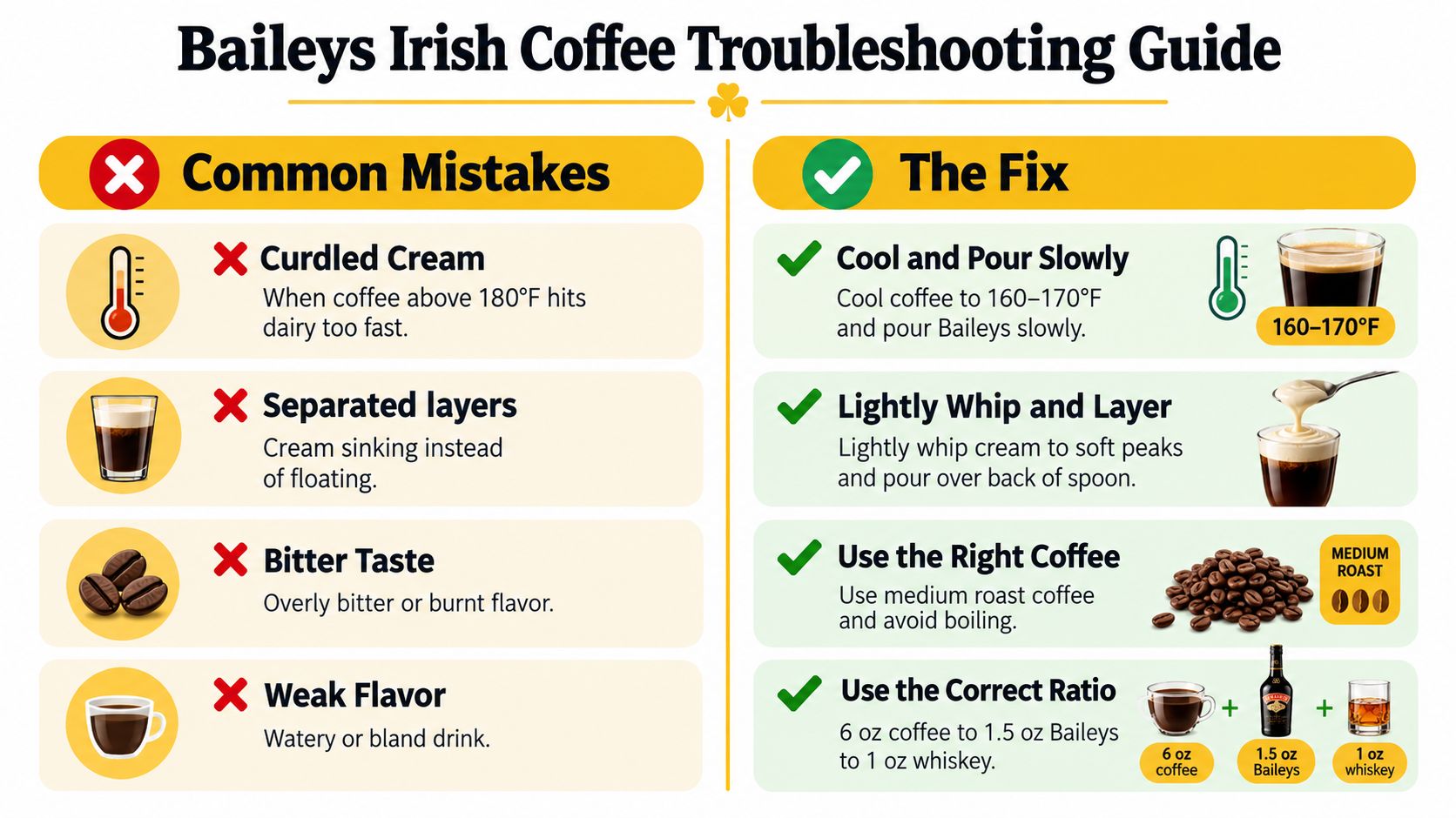 A troubleshooting guide for making Baileys Irish Coffee, showing solutions for common mistakes like curdling and separation.