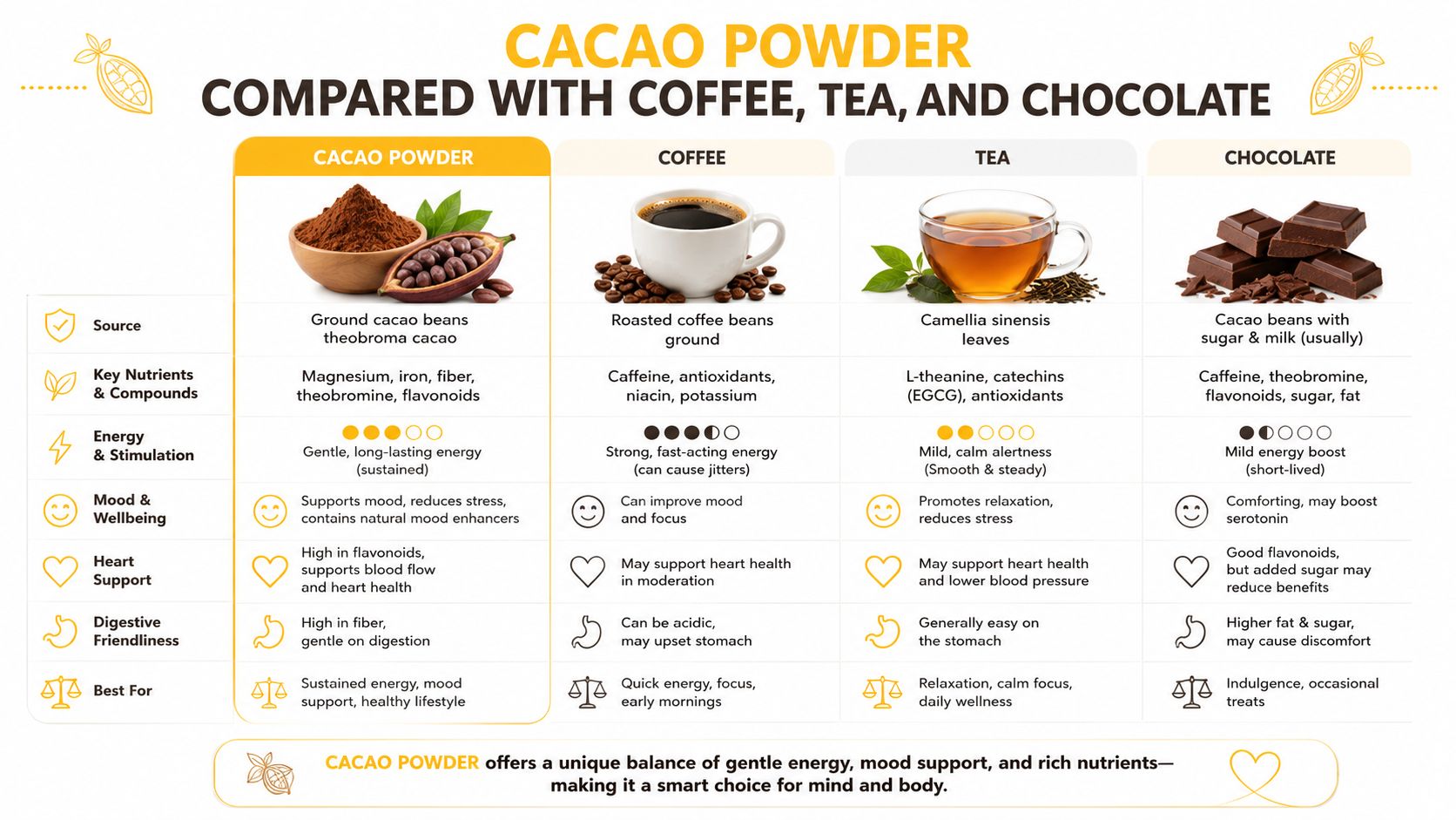 A comparison chart showing the differences between cacao powder, coffee, tea, and chocolate in health benefits.
