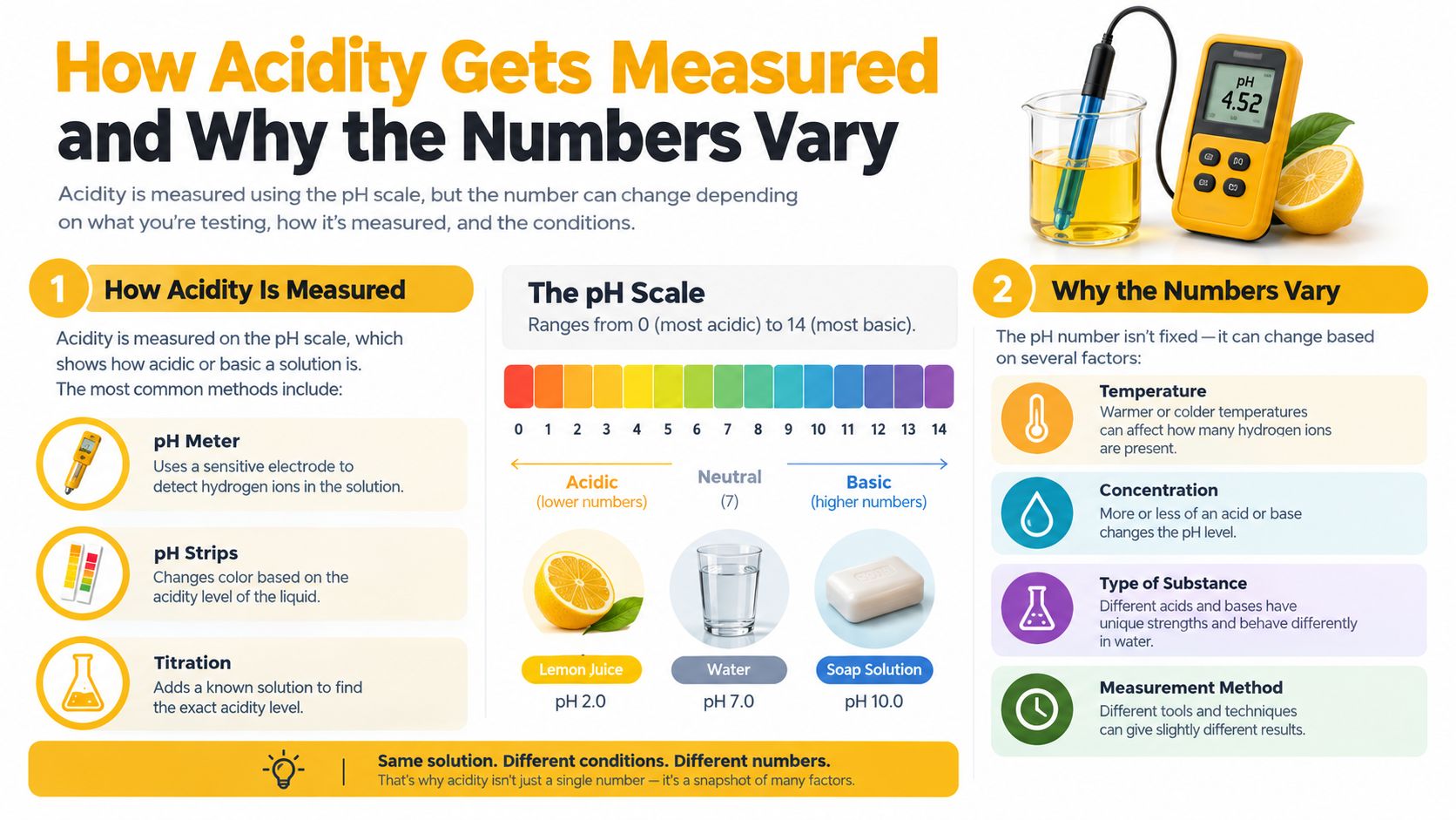 An infographic explaining the pH scale, how acidity is measured, and factors causing variations in pH numbers.