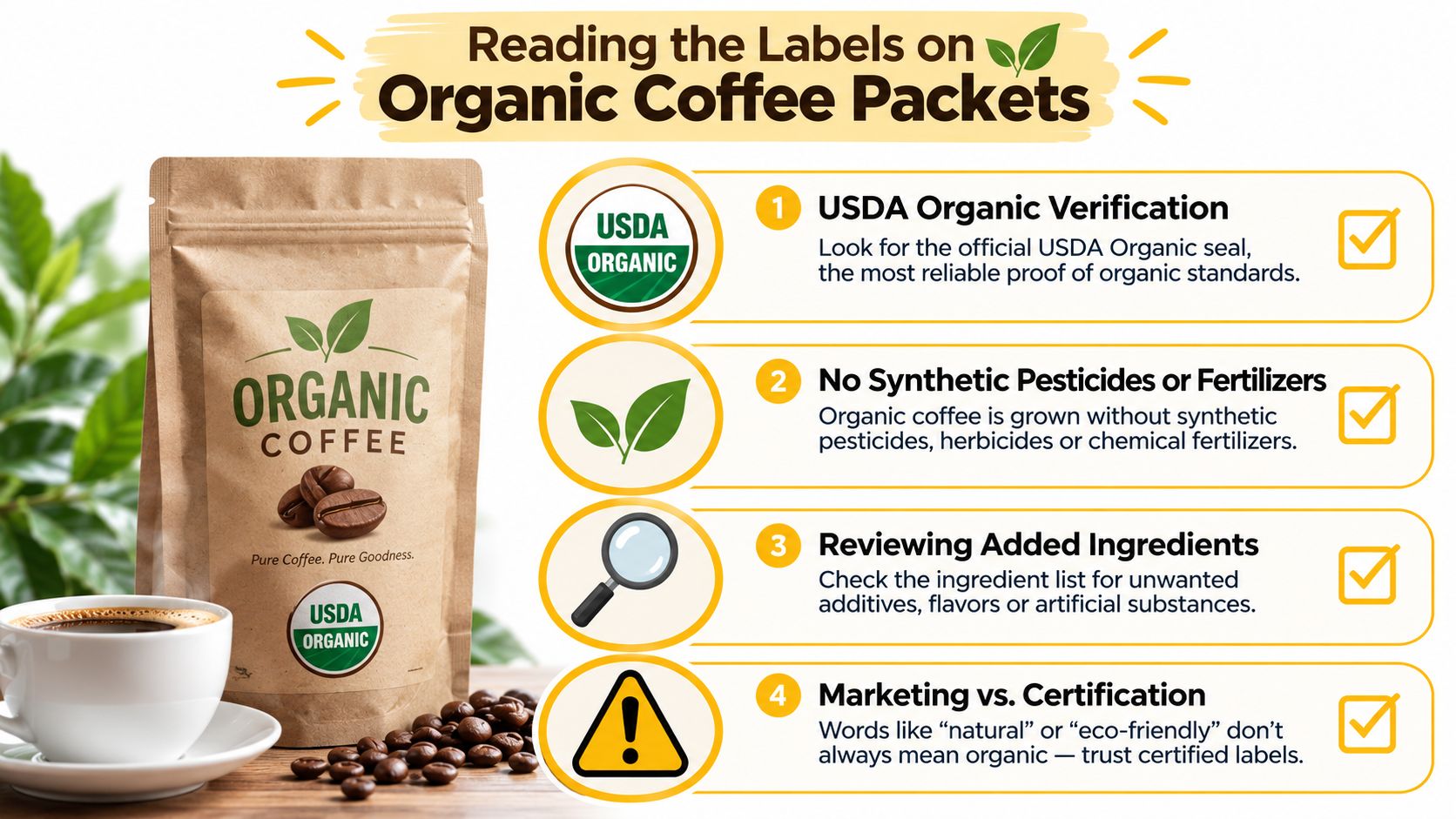 An infographic titled Reading the Labels on Organic Coffee Packets, showing a coffee bag and four steps.